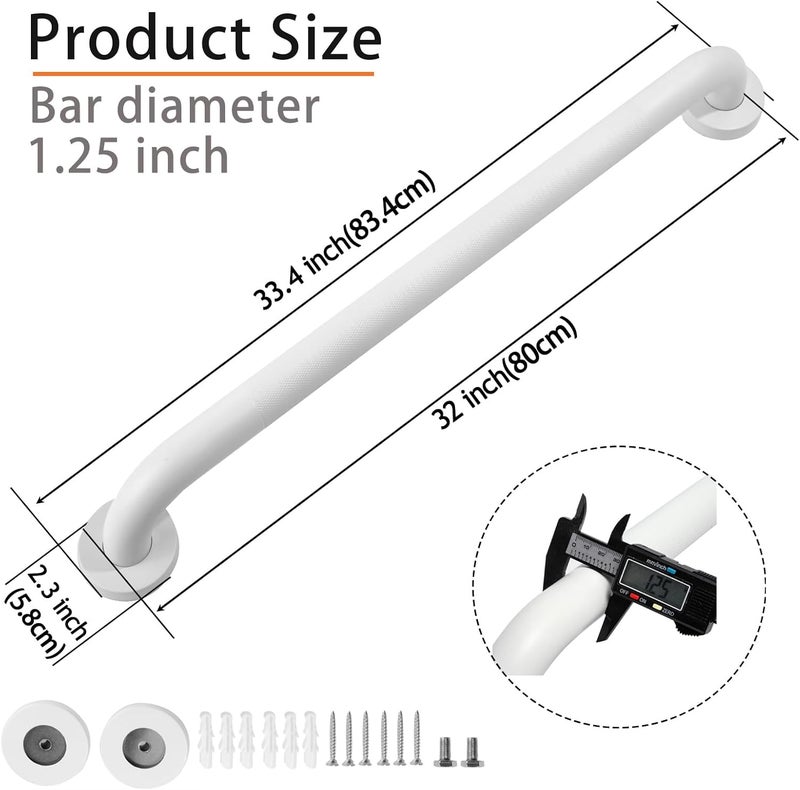 Rackickyer Shower Grab Bar, 2 Pack 32 Inch White Bathroom Grab Bar, 1.25" Diameter 304 Stainless Steel Anti-Slip Grab Bars for Bathtubs and Showers, Handicap Shower Grab Bar for Seniors Elderly - Image 2